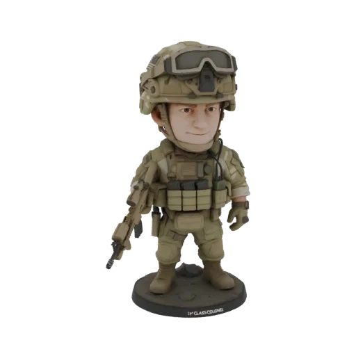 Modelo 3D de boneco soldado moderno com traje tático e rifle, em pé sobre uma base de exibição.