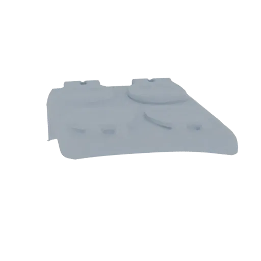 3D model of a futuristic sci-fi vehicle component with a curved base and four circular indentations.