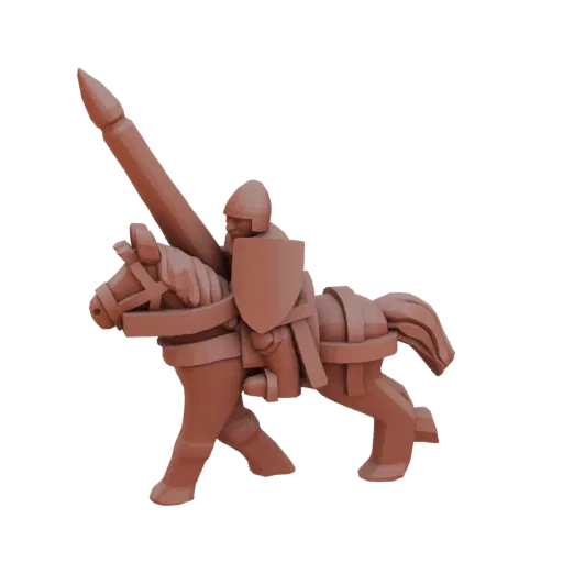 Modelo 3D de um cavaleiro medieval em armadura montando um cavalo com uma lança, renderizado em um material marrom semelhante