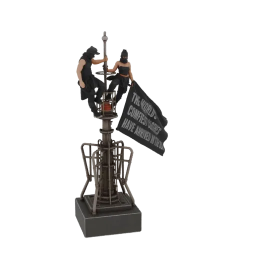 3D model of two post-apocalyptic figures in dark clothing holding a flag atop a detailed metal tower, with text on the flag.