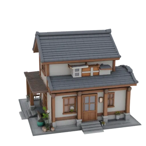 3D model of a two-story Japanese style house with a wooden terrace, decorated with plants.
