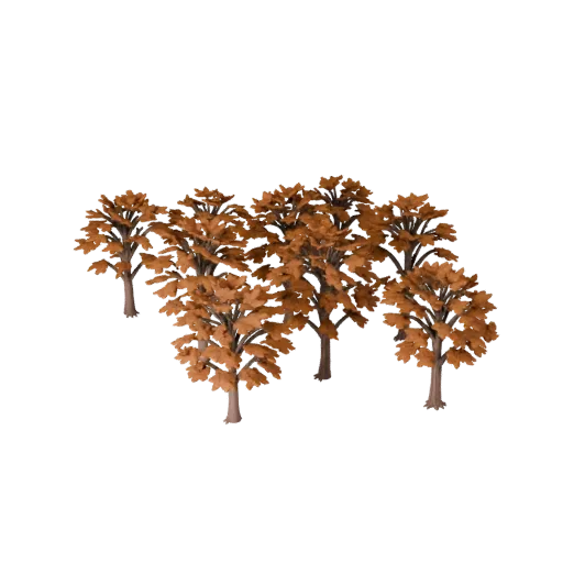 Autumn Shrub Group Stylized 3D model, stylized isometric environment render, showing leaf clusters, terrain detail.