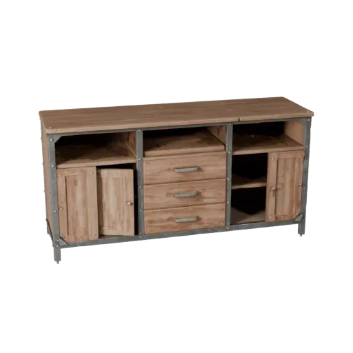 Industrial Sideboard Realistic 3D model, dining room, three-quarter studio render, painted wood detail.