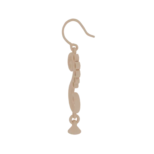 A 3D model render of a single, elegant rose-gold colored earring with a swirling design and a small teardrop charm.