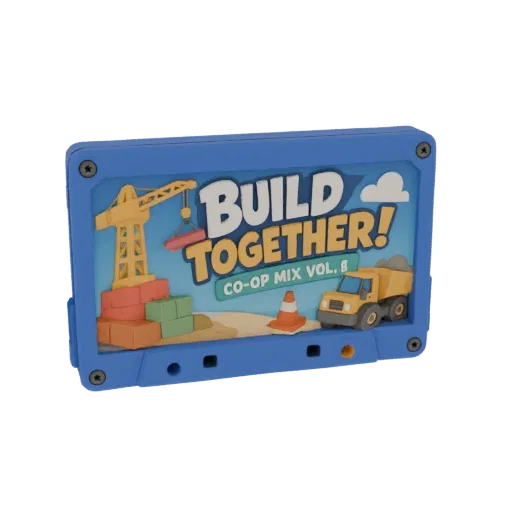 3D model of a blue cassette tape with 'Build Together! Co-Op Mix Vol. 8' label featuring a construction scene with a crane, t