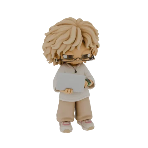 Modèle 3D d'une étudiante chibi aux cheveux blonds et lunettes, tenant un ordinateur portable.