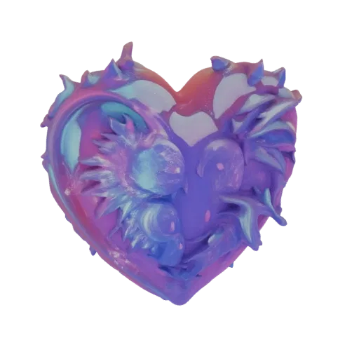 3D render of a heart-shaped sculpture with iridescent pink and purple hues and sculpted floral details.