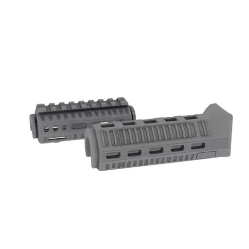 3D model of a grey AR-15 handguard set with integrated Picatinny rails, shown against a black background.
