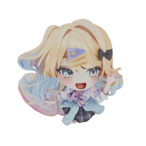 3D model of a cute chibi anime girl with blonde hair, blue plaid skirt, and a friendly waving pose, rendered in pastel colors.