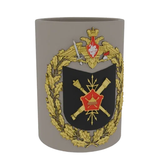 3D model of a grey mug with a detailed Russian military emblem featuring a golden eagle and crossed cannons.