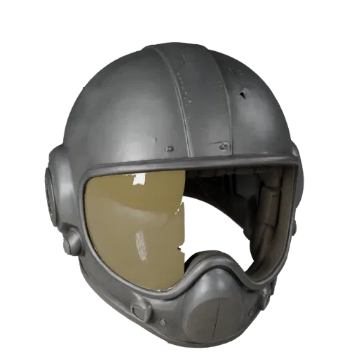 Pilot Visor Helmet 3D model, three-quarter front view, Unity viewport, showing metal, head-worn scale.