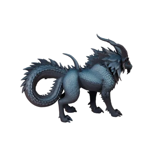 Modello 3D Chimera, vista laterale telecamera gameplay, asset animale pronto per Unity con corna, creste, superfici stratific