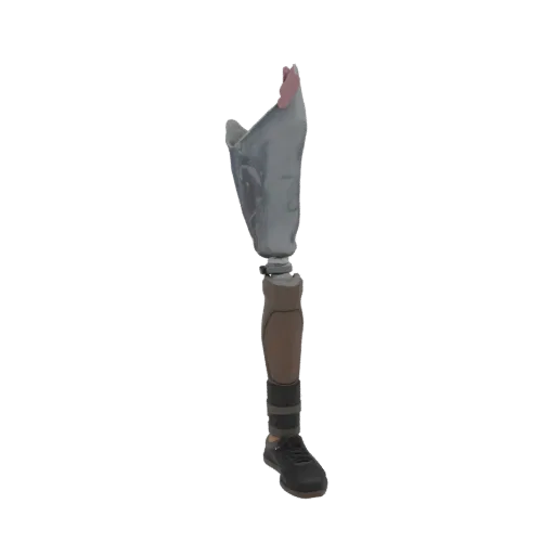3D model of a prosthetic leg with a metallic socket, brown limb segments, and a black sneaker, set against a black background