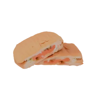 Modèle 3D de sandwich au saumon et cream cheese coupé, avec saumon, cream cheese et herbes visibles sur un pain.