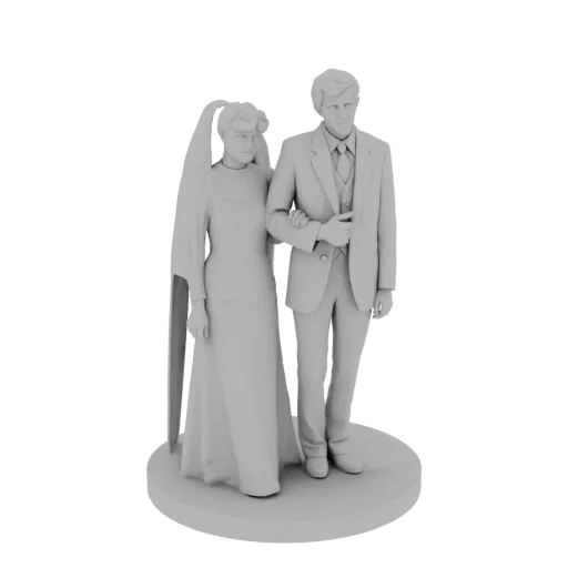 3D model of a classic wedding couple, bride in a gown and veil, groom in a suit, standing on a circular base.