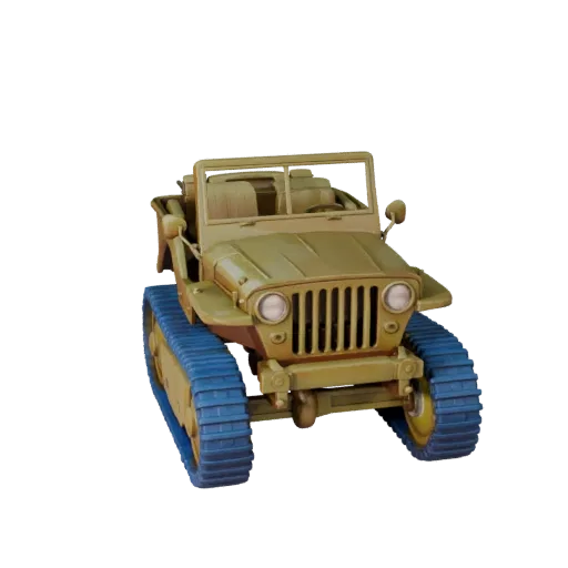 Modelo 3D de Jeep Militar da Segunda Guerra Mundial em estilo cartoon, vista de três quartos em estúdio, asset de veículo est