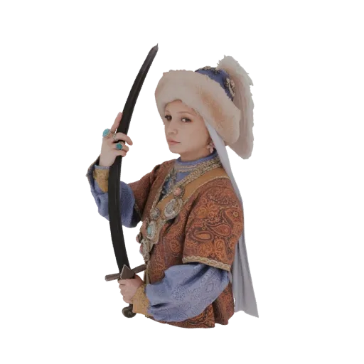 3D model of an Ottoman warrior woman in traditional attire, holding a curved sword and looking forward.