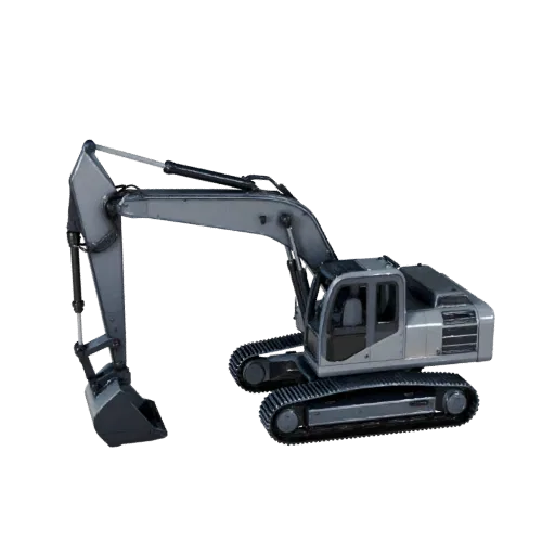 Construction Excavator Product Viz 3D model, three-quarter studio product render, showing painted steel, form detail.