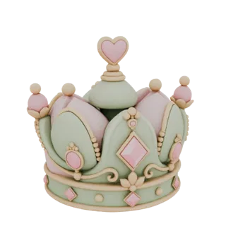 3D-Render einer pastellfarbenen Prinzessinnenkrone mit rosa und grünen Elementen, Herz oben und Edelsteinakzenten.