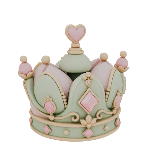 Render 3D de una corona de princesa pastel con elementos rosas y verdes, con un corazón en la parte superior y acentos de gem