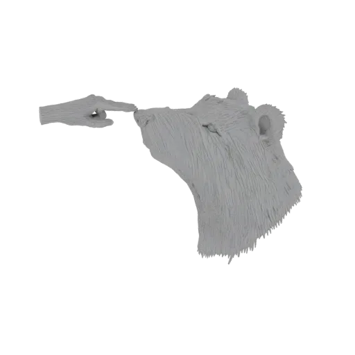 3D model of a human finger gently touching the nose of a stylized, textured bear head.