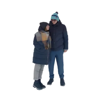 3D model of a couple standing close together, both wearing winter coats and beanies, with the woman wearing a scarf.
