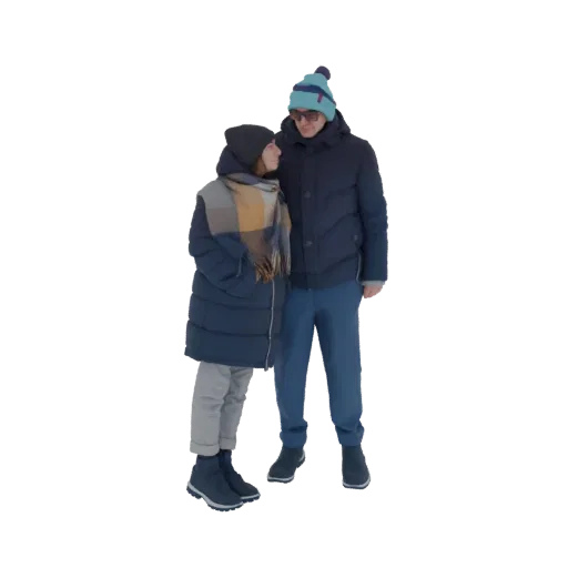 Modelo 3D de una pareja muy junta, ambos con abrigos y gorros de invierno, la mujer lleva bufanda.
