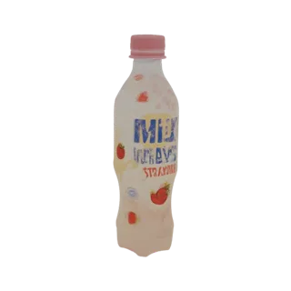 3D model of a strawberry milk drink bottle with pink cap and strawberry graphics.