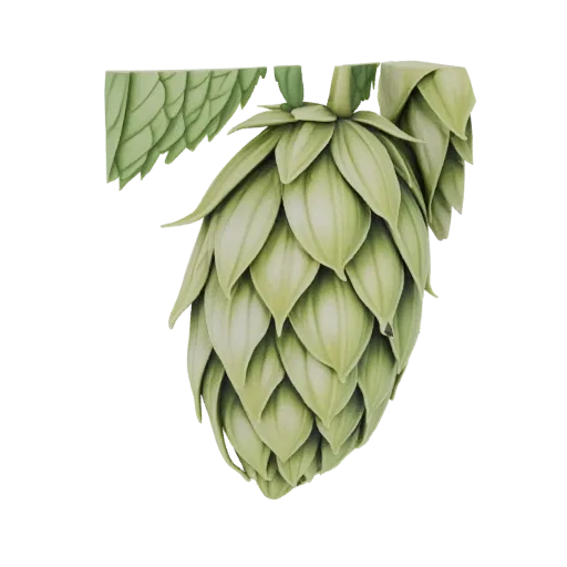 A 3D render of a stylized hop cone with overlapping green petals against a black background.