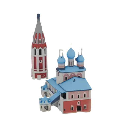 3D model of a Russian Orthodox church with blue domes and a red and white striped bell tower, set against a white background.