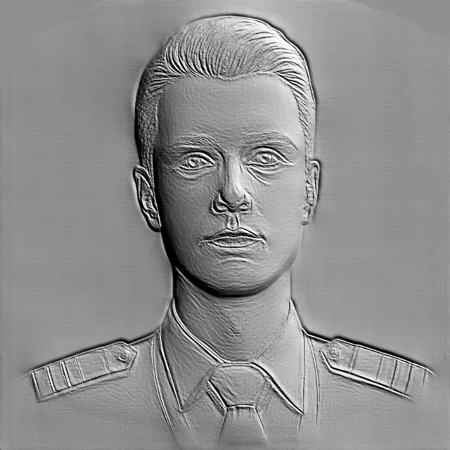 3D-Modell eines jungen Offiziers im Uniform-Relief, Vorderansicht, hohe Auflösung