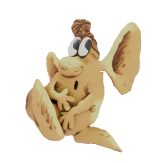 A 3D render of a whimsical, tan-colored cartoon creature with large ears, big eyes, and a playful expression, sitting with it