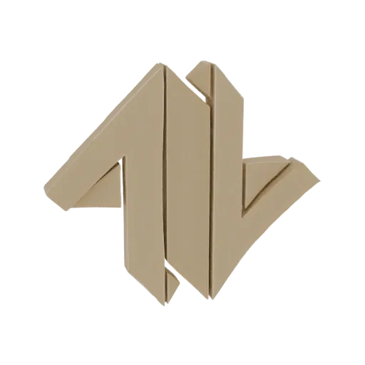 3D render of an abstract geometric logo with sharp angles and a beige finish, isolated on a white background.