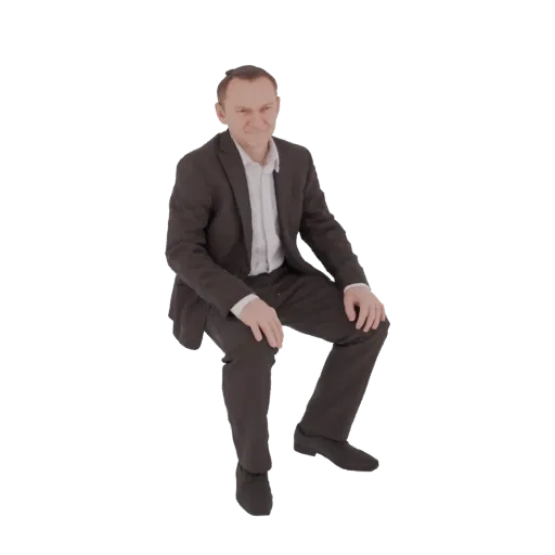 Modelo 3D de um homem de terno escuro e camisa branca, sentado com as mãos nos joelhos, olhando para o espectador.