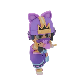 Ein 3D-Render einer lila Ninja-Figur mit Katzenohren, die eine Maske und ein gelb-lila Outfit trägt, in einer dynamischen Pos