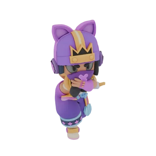 A 3D render of a purple ninja character with cat ears, wearing a mask and a yellow and purple outfit, in a dynamic pose.