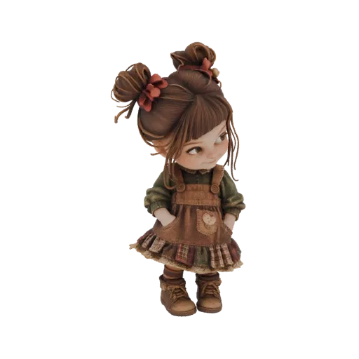 3D model of a cute girl with brown pigtails, wearing a brown overall dress and green shirt, with hands in pockets.