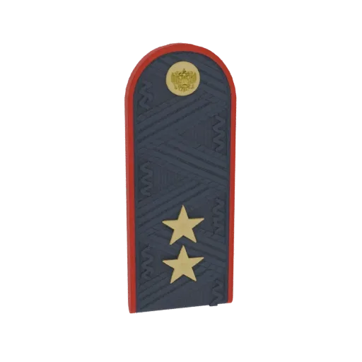 3D model of an Armenian Police shoulder board with a red border, dark blue fabric, two golden stars, and a golden Armenian em