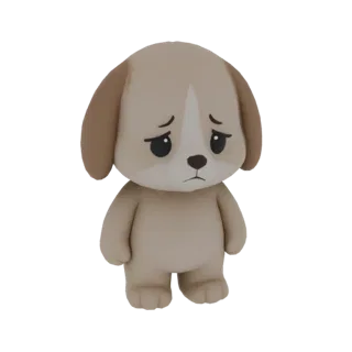 Una renderización 3D de un cachorro de dibujos animados de aspecto triste con pelaje marrón claro, ojos grandes oscuros y ore