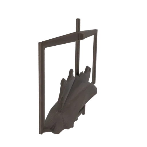 3D-Modell des Gemäldes 'Barken-Zieher an der Wolga', das Männer zeigt, die einen Kahn an einem Flussufer ziehen.