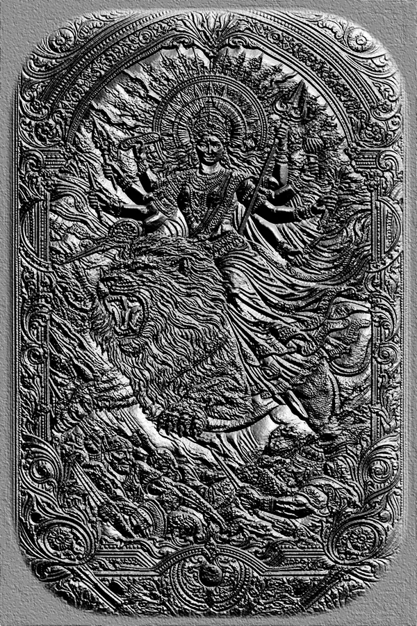 3D-Modell Basrelief der indischen Göttin Durga auf einem Löwen, mit detaillierter Zierrahmen.