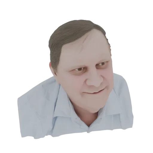 نموذج ثلاثي الأبعاد لرجل بشعر بني قصير، يرتدي قميصًا بأزرار أزرق فاتح، ينظر قليلاً إلى الجانب بابتسامة لطيفة.