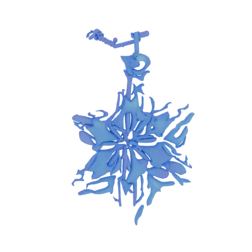 A 3D render of a blue, icy snowflake pendant with a loop for hanging, against a black background.