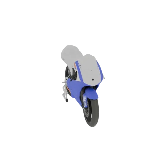 Front three-quarter view of a 3D model of a 2002 Honda RS125 racing motorcycle with blue and white fairings.