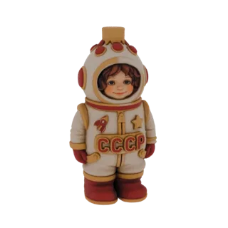 Modello 3D di un bambino cosmonauta in tuta spaziale sovietica retrò, sorridente con la scritta CCCP sul petto.