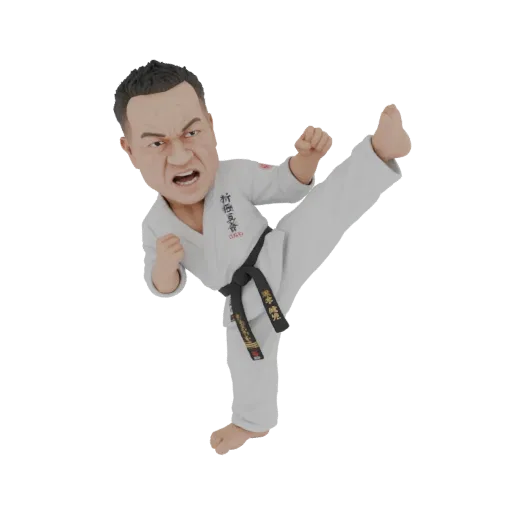 3D model of a Karate Master bobblehead in a dynamic high-kick pose, wearing a white gi and black belt.