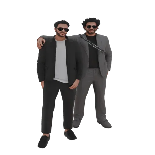 3D model of two stylish men standing together, one in a black bomber jacket and the other in a grey suit, both wearing sungla