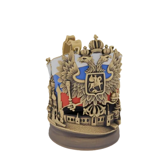 3D model of an ornate goblet featuring the Russian double-headed eagle emblem, Kremlin, and Russian flag colors, with an anti