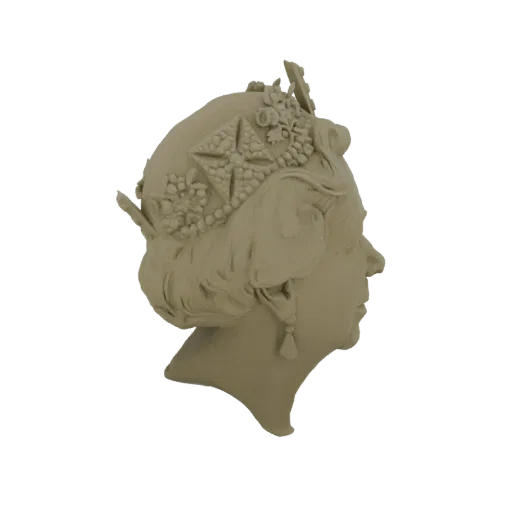 3D-Modell Büste Königin Elisabeth II. im Profil, mit detaillierter Krone und Ohrring, in neutralem Beige gerendert.