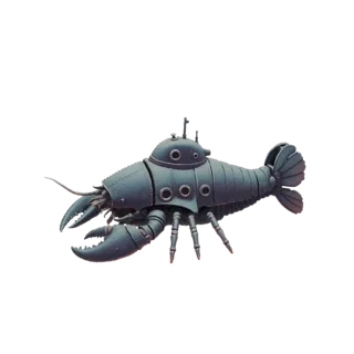 Un rendu 3D d'un sous-marin homard steampunk, présentant un placage métallique, des hublots et des pinces articulées, sur fon